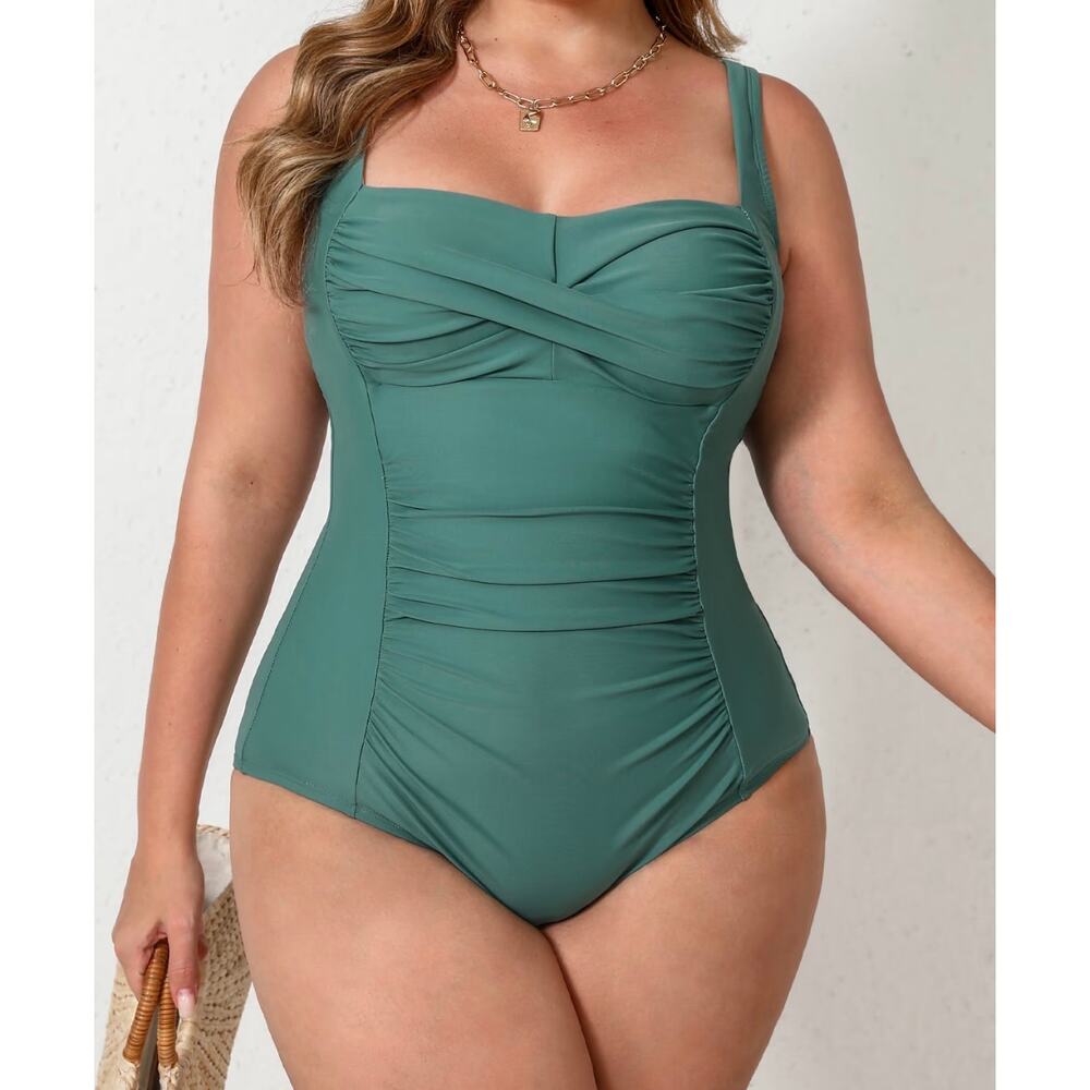 Cupshe Emerald Wave Sage One Piece Swimsuit 1X Tummy Control NWT
